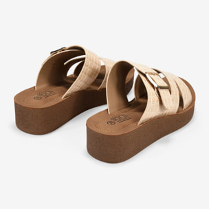 Sandalias de cuña beige efecto cocodrilo con hebilla
