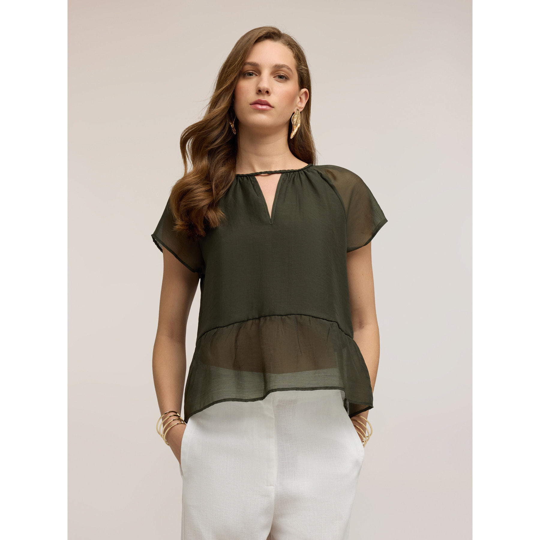 Motivi - Blusa in mussola con lacci intrecciati - Verde militare