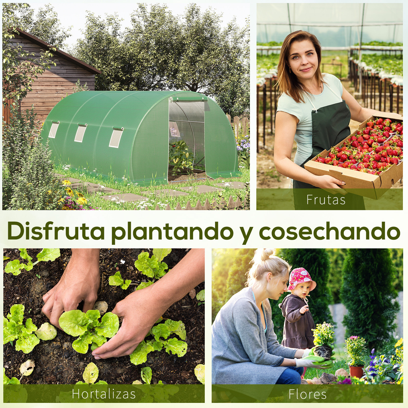 Invernadero de Exterior 4,5x3x2 m Invernadero de Túnel con Paredes Laterales Enrollables 6 Ventanas de Malla y Puerta Enrollable con Cremallera Invernadero para Jardín Patio Verde