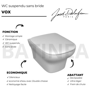 WC suspendu sans bride Vox avec son abattant déclipsable à descente progressive