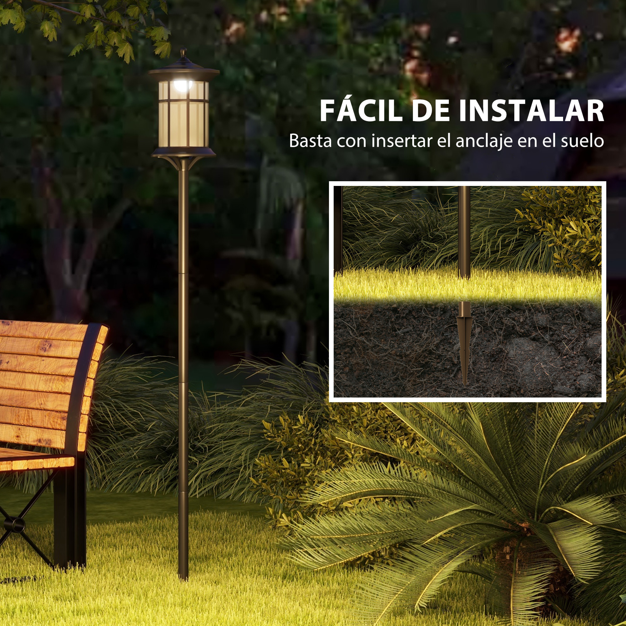 2 Farolas Solares Exterior Luces Solares Exterior con Panel Solar Encendido Automático y Marco de Acero Inoxidable Impermeable IP44 para Terraza Patio 23,5x23,5x184 cm Negro