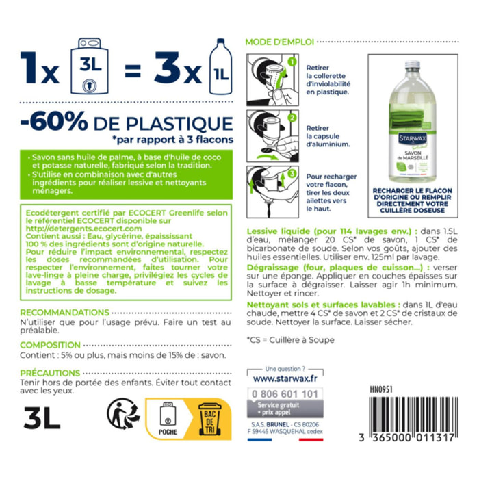 STARWAX SOLUVERT - Savon de Marseille liquide sans huile de palme Ecocert