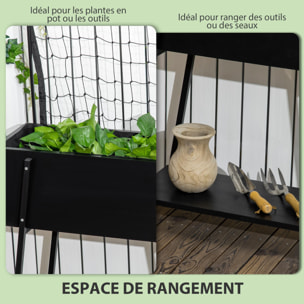 Jardinière sur pieds avec treillis filet - étagère, inserts d'irrigation - châssis métal époxy noir bois sapin noir