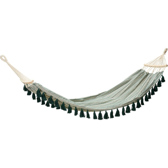 Hamaca con barras de madera, 280x100cm hasta 110kg, 65%poliéster + 35%algodón color verde y beige