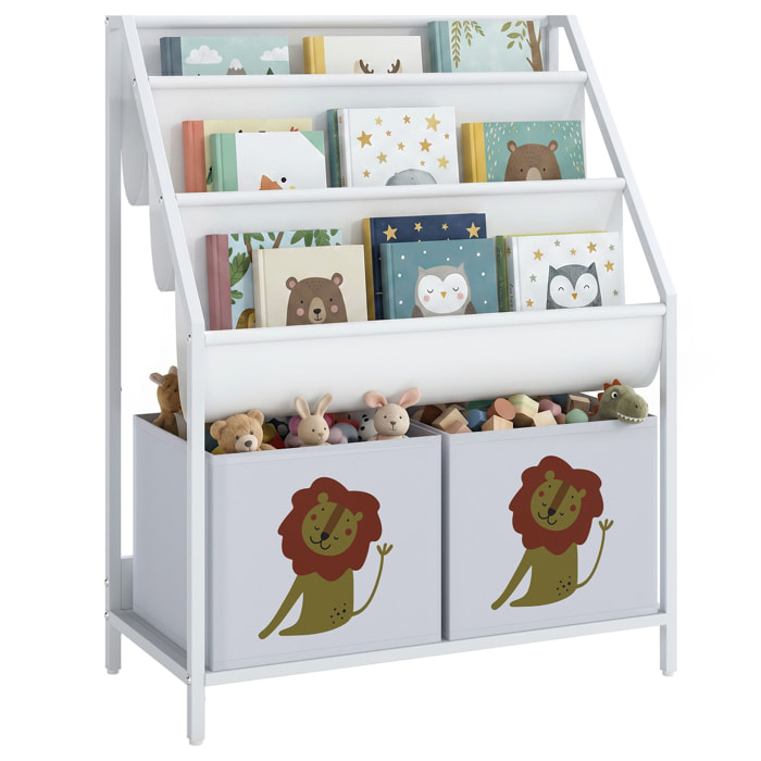 AIYAPLAY Librería Infantil de 4 Niveles Estantería para Libros Montessori con 3 Estantes 2 Cajones de Tela con Diseño de León para Sala de Juegos Dormitorio Guardería para Niños de Altura 76 cm Blanco