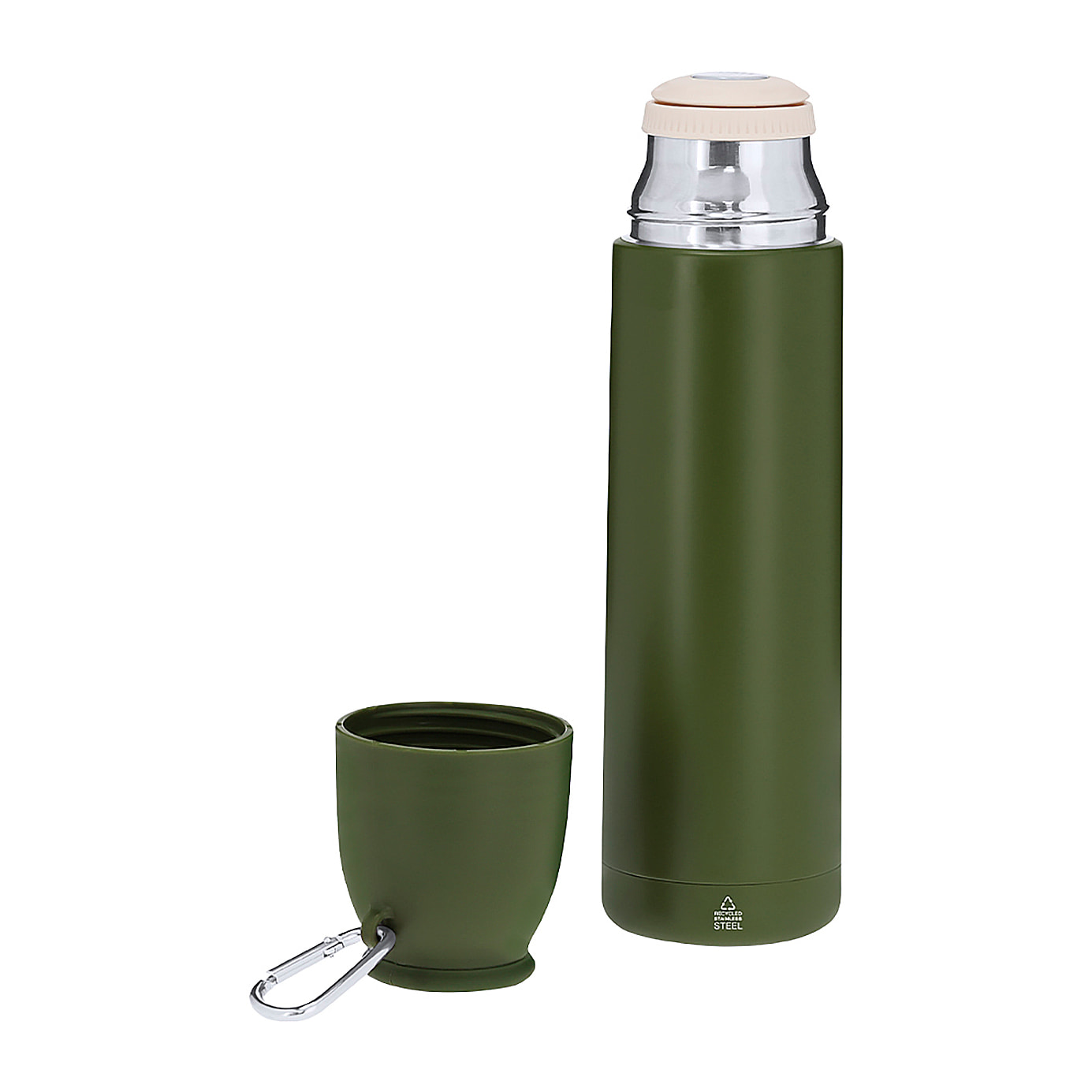Set de termo con taza en Acero Inox Reciclado. Termo de 500 ml de capacidad y de doble pared con taza de 120ml.