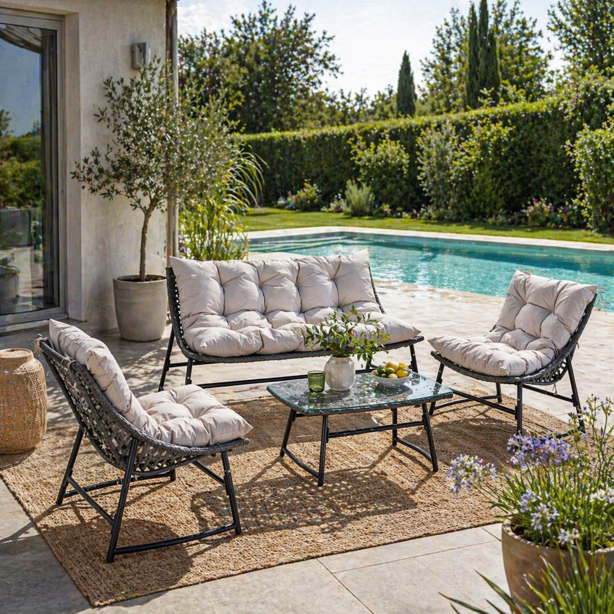 Salon de jardin bas 4 places en résine gris GOLA