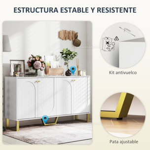 Aparador 4 Puertas Aparador para Salón Moderno con Estantes Ajustables y Patas Doradas para Comedor Entrada Mueble para TV hasta 65 Pulgadas Blanco 140,8x35x77,5 cm