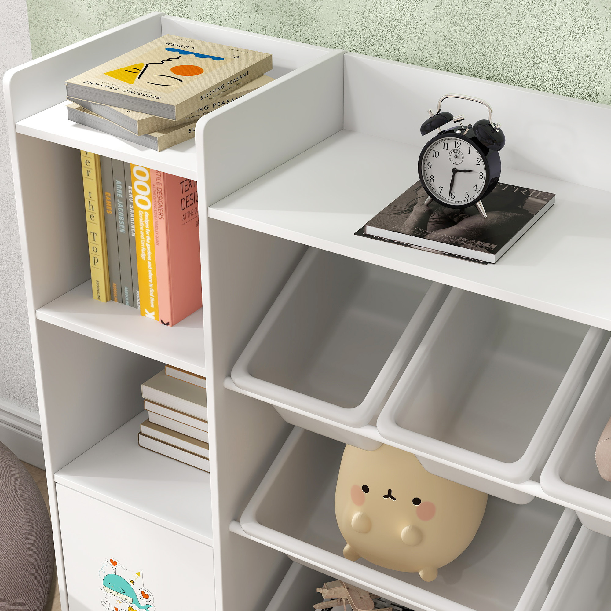 Bibliothèque enfant - rangement à bacs posés x 8 - 4 niches, 3 étagères, 2 portes - blanc