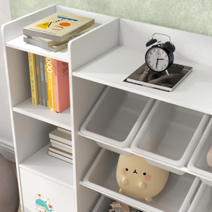 Bibliothèque enfant - rangement à bacs posés x 8 - 4 niches, 3 étagères, 2 portes - blanc