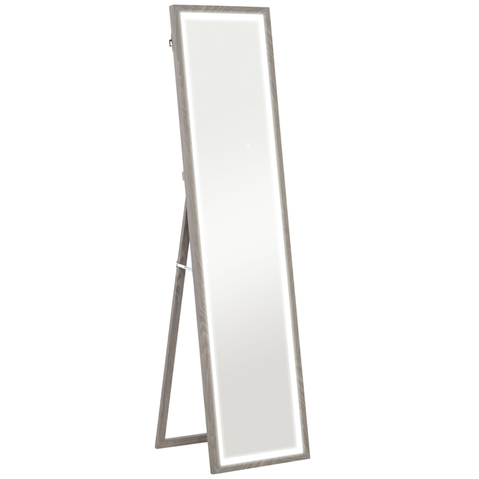 Grand miroir LED pleine longueur 40 x 160 cm autoportant ou à fixer - 3 couleurs luminosité réglable - effet bois gris
