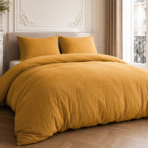 Parure housse de couette 100% gaze de coton unie ocre, RELAX