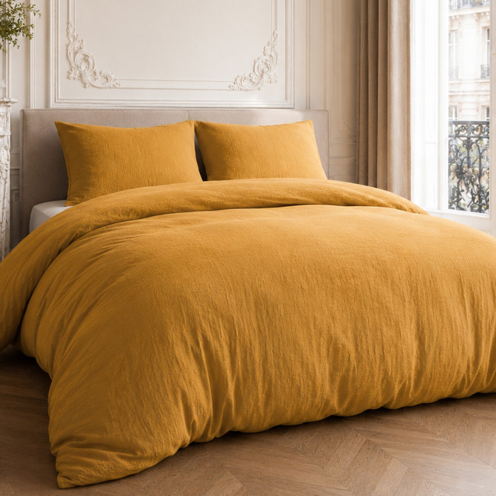 Parure housse de couette 100% gaze de coton unie ocre, RELAX