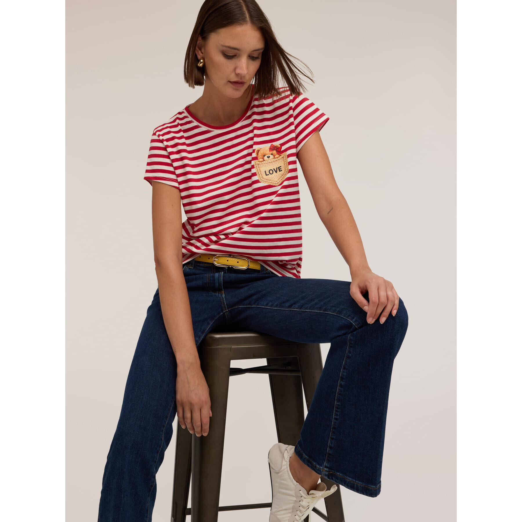 Motivi - Camiseta de rayas con aplicación de osito - Rojo