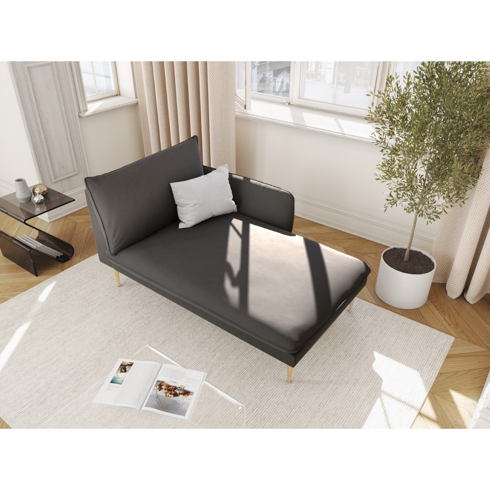 Méridienne droite "Vienna" en velours gris foncé