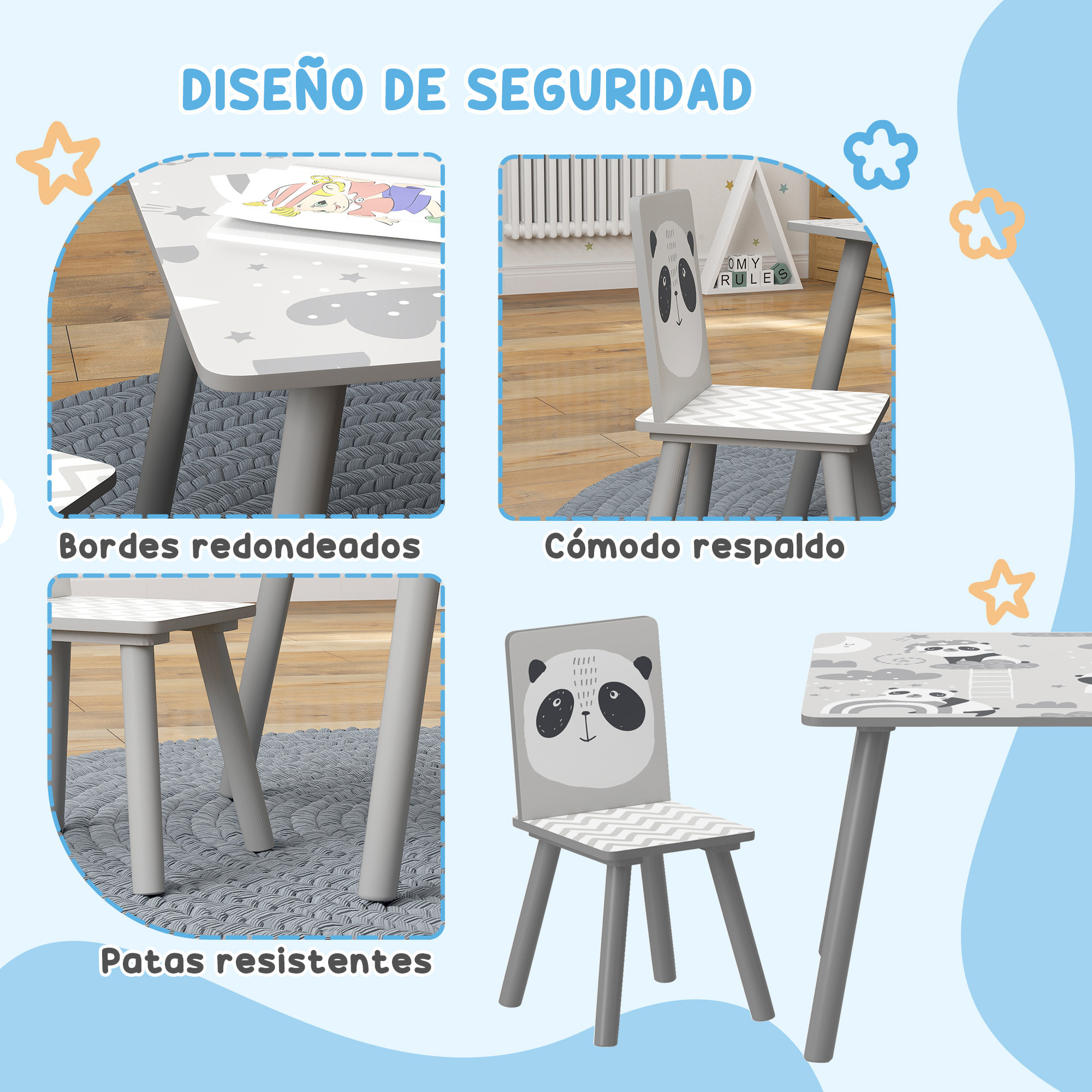 Mesa y Sillas Infantiles de 3 Piezas Mesa Infantil con 2 Sillas Juego de Muebles para Actividades para Niños de 3-8 Años para Dormitorio Sala de Juegos Gris y Blanco