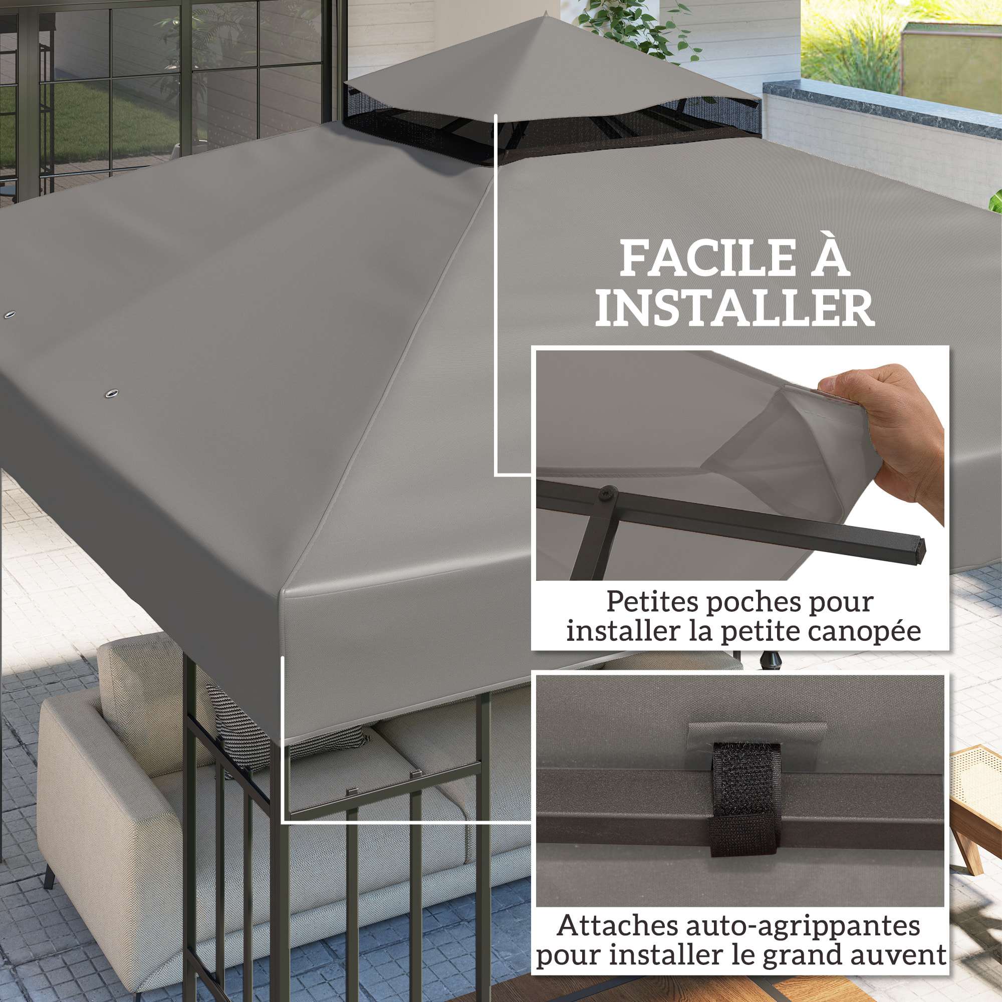 Toile de rechange barnum tonnelle 3 x 3 m - toit double avec œillets drainage - polyester gris