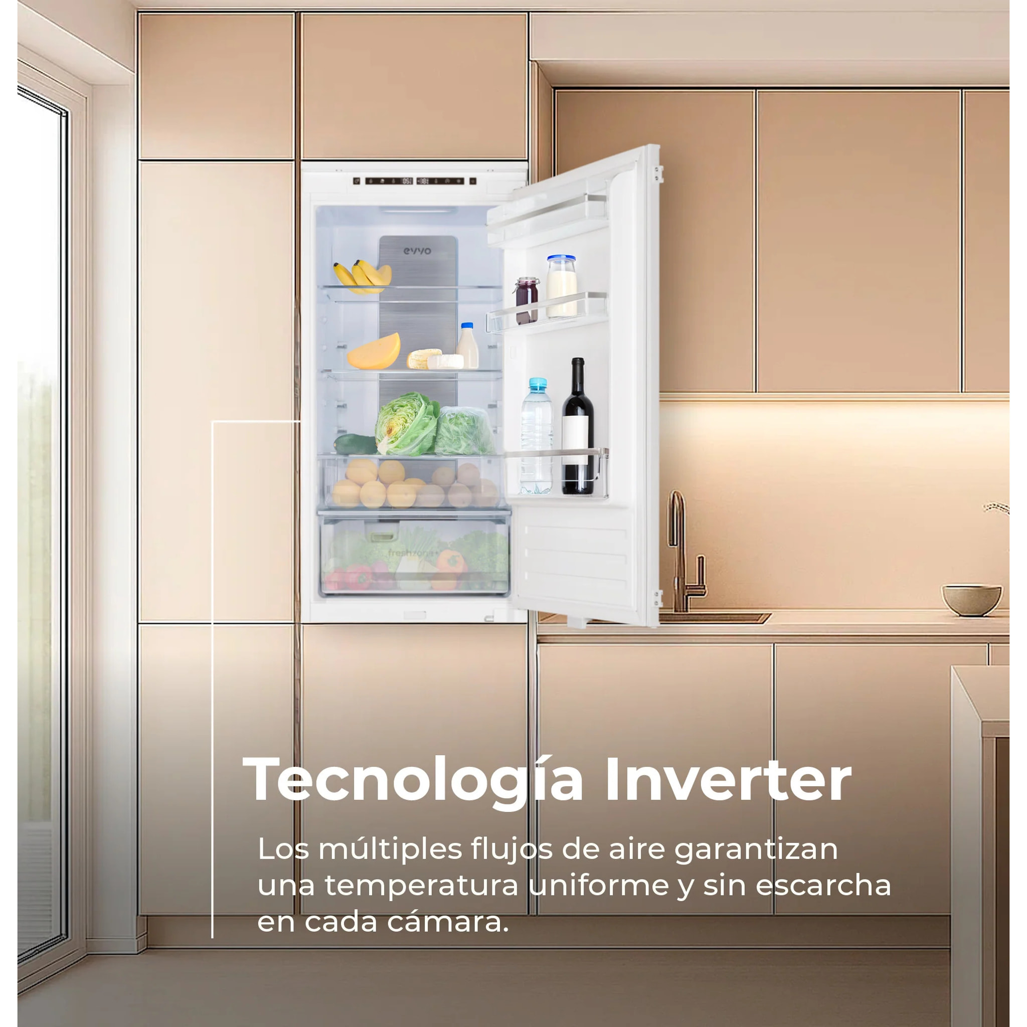EVVO Frigorífico combi integrable Fi62, 151L+67L, No Frost, Chiller Zone, ECO, Vacaciones, congelación rápida, silencioso.