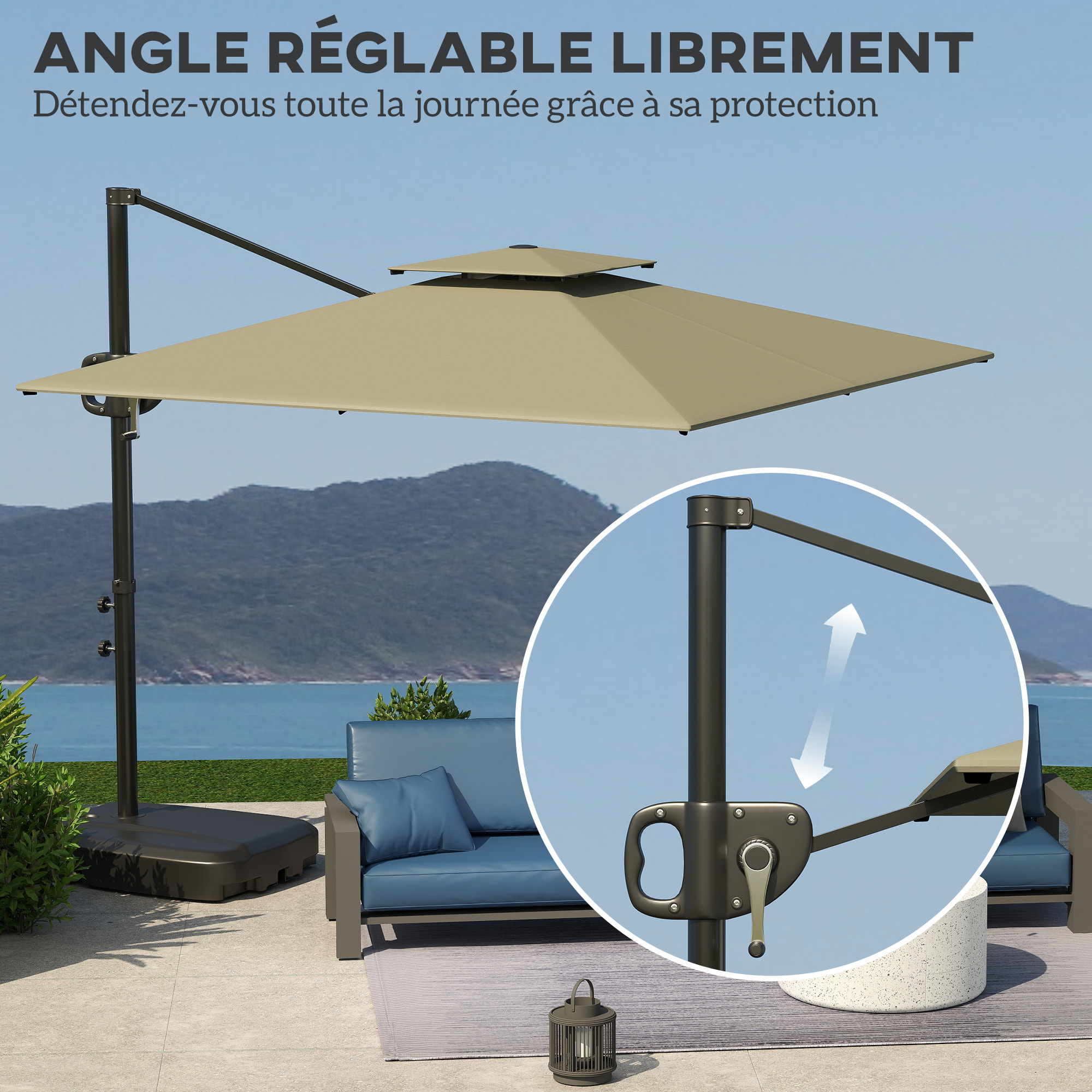Parasol déporté carré double toit polyester gris clair