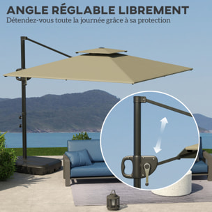 Parasol déporté carré double toit polyester gris clair