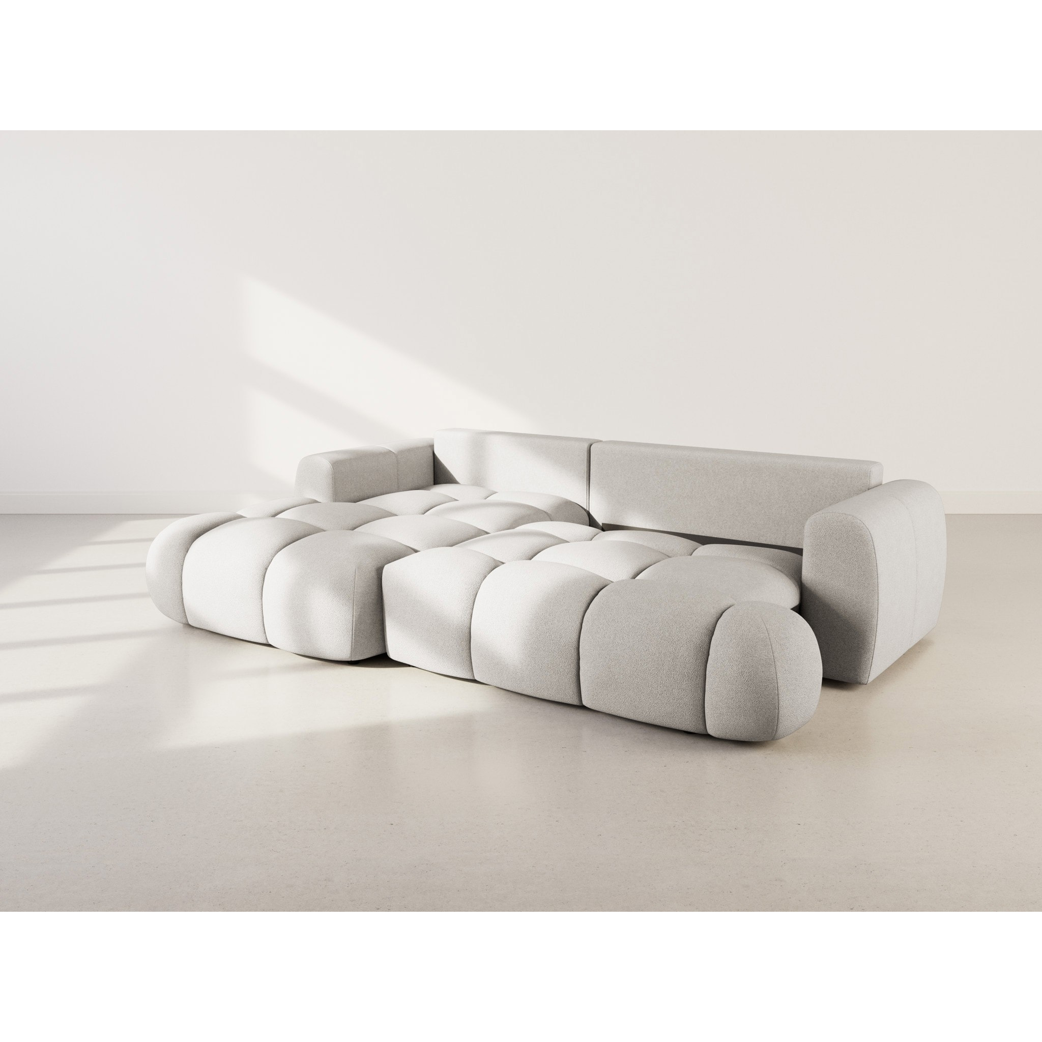 Yulin - Canapé d'angle gauche 4 places convertible avec coffre en tissu bouclette - Gris clair