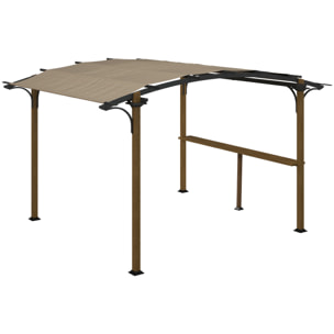 Pergola avec comptoir toit arche alu acier aspect bois noir toile grège