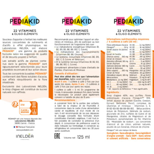 PEDIAKID - 22 Vitamines et Oligo-Éléments - Complément Alimentaire Naturel - Formule Exclusive au Sirop d'Agave - Optimise les Apports en Vitamines et Minéraux - Lot de 2 flacons 125ml