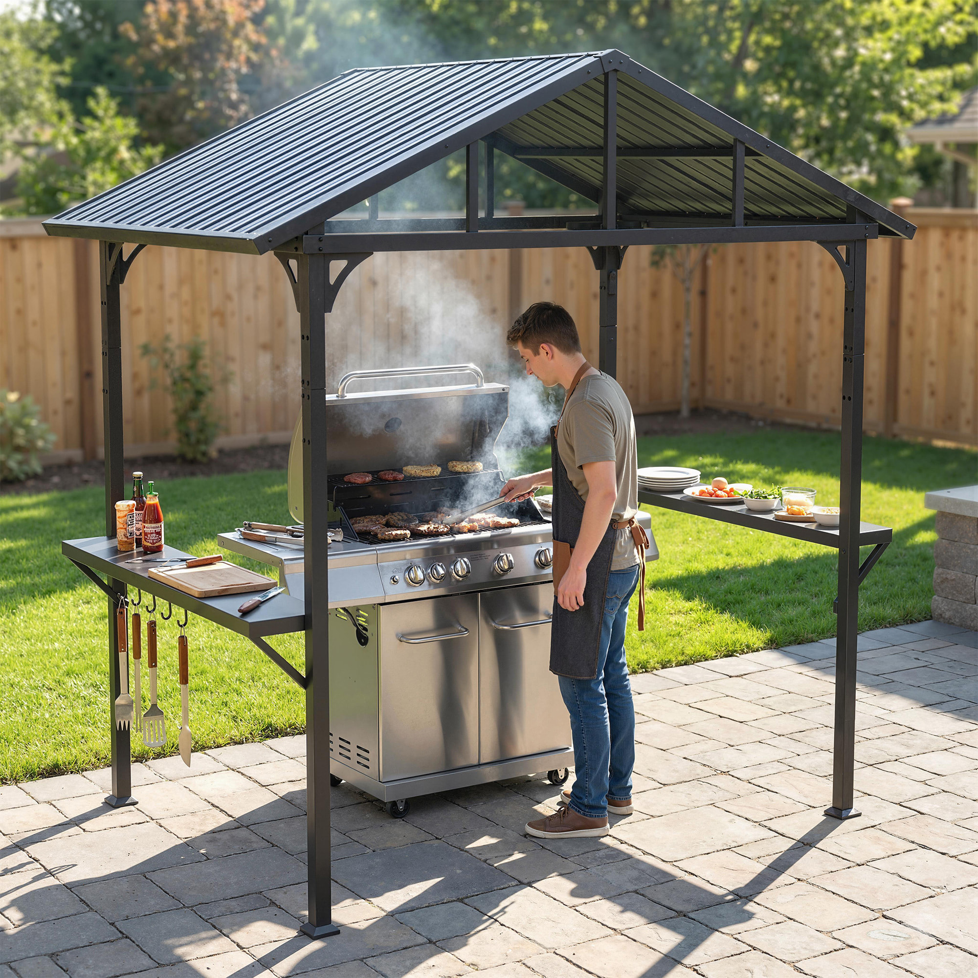 Abri pour barbecue 2 étagères latérales crochets acier noir