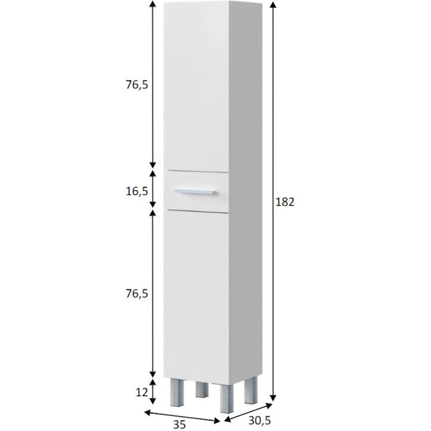 Colonna bagno Wilmington, Pensile bagno con 2 ante e 1 cassetto, Armadio alto, 35x31h182 cm, Bianco lucido