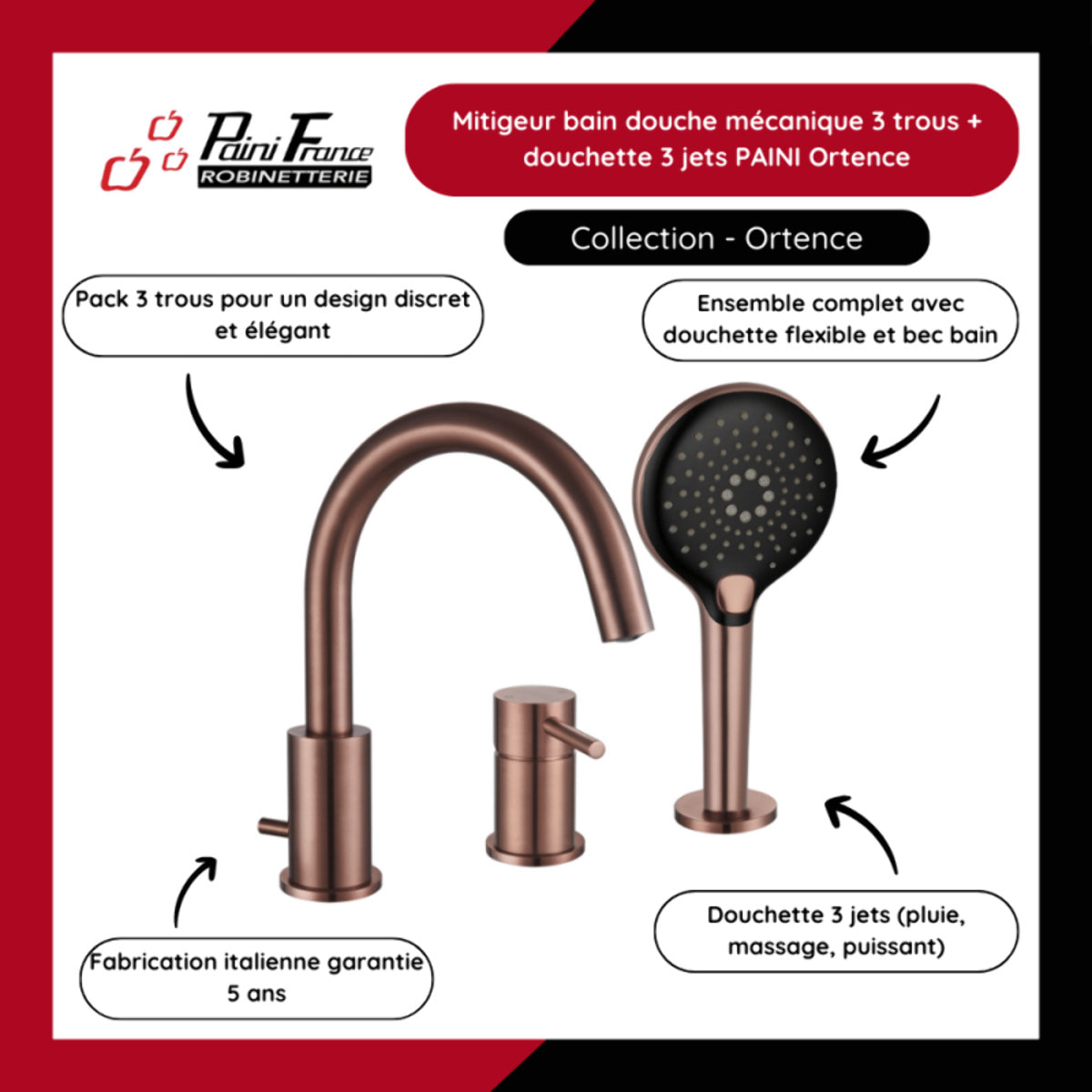 Mitigeur bain douche mécanique 3 trous + douchette 3 jets PAINI Ortence bronze cuivré