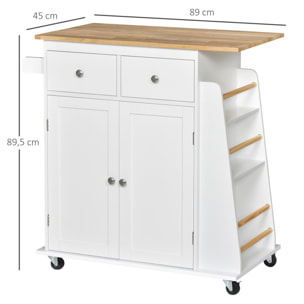 Carro de Cocina Auxiliar con Ruedas Carrito de Servicio con 2 Cajones de Regulable y Barra para Colgar 89x45x89,5 cm Blanco