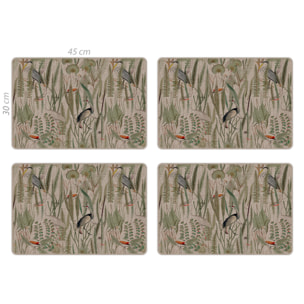 Set de 4 individuales de vinilo CERAMIKO, Pajaros verde y sepia yute 4u-30x45 cm