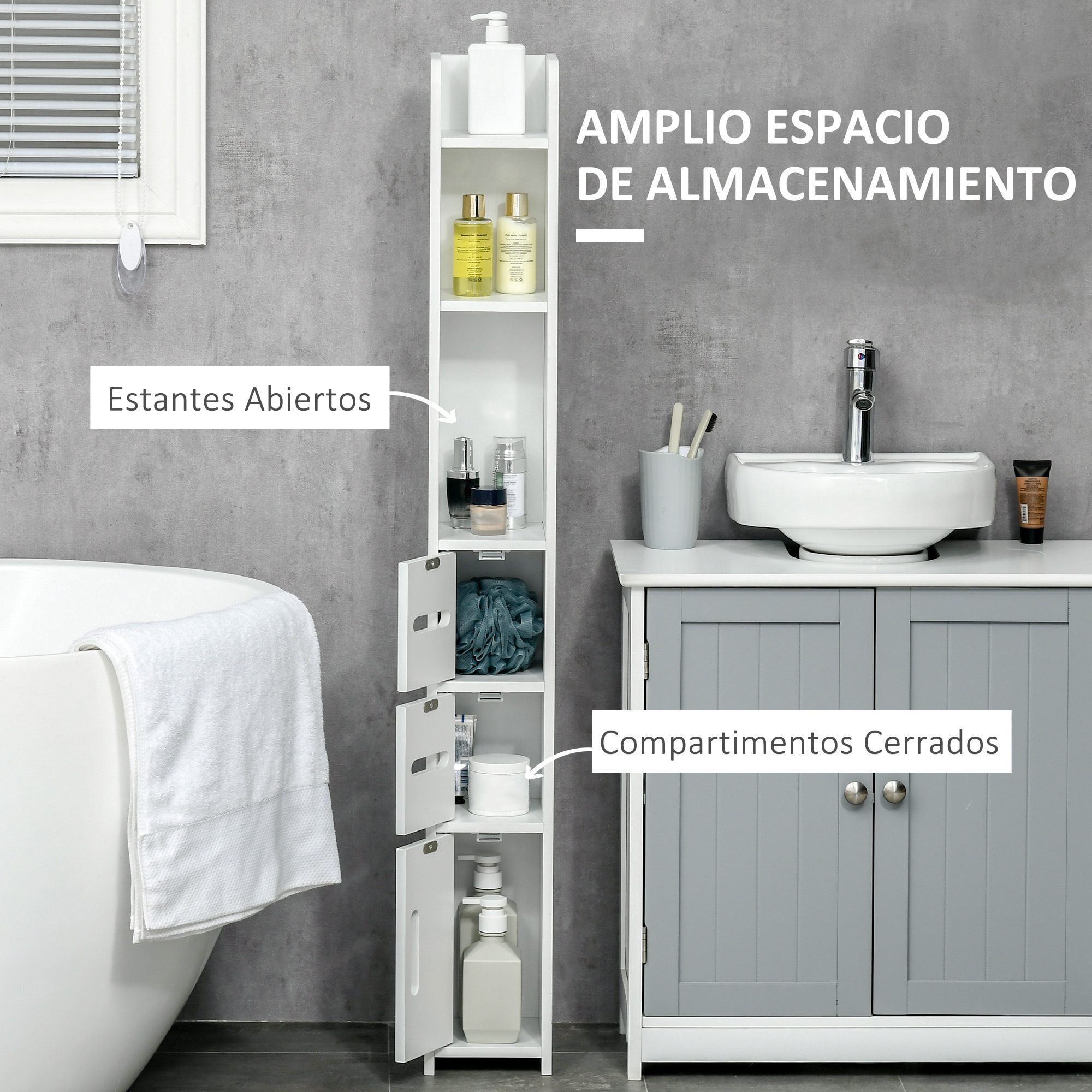 Armario Alto de Baño con 3 Puertas y 3 Estantes Abiertos 15x17x120 cm Blanco