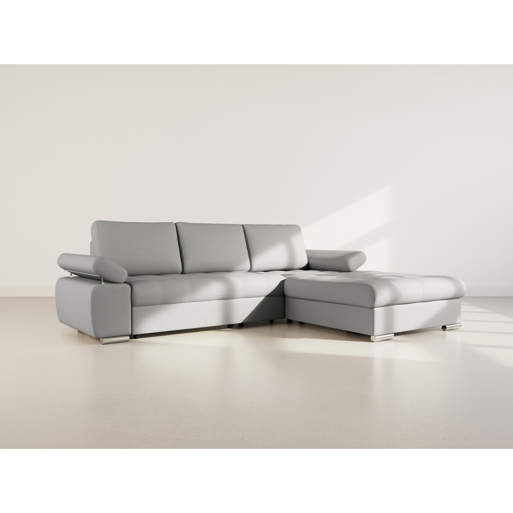 Bianca - Canapé d'angle droit 4 places convertible avec coffre en tissu texturé - Gris
