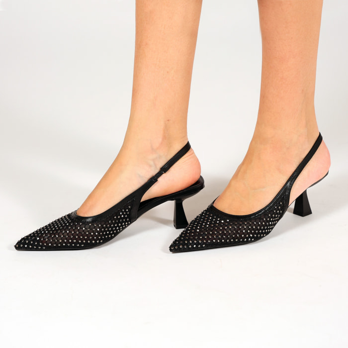 Dècolletè slingback con tacco a rocchetto in tessuto traforato con strass