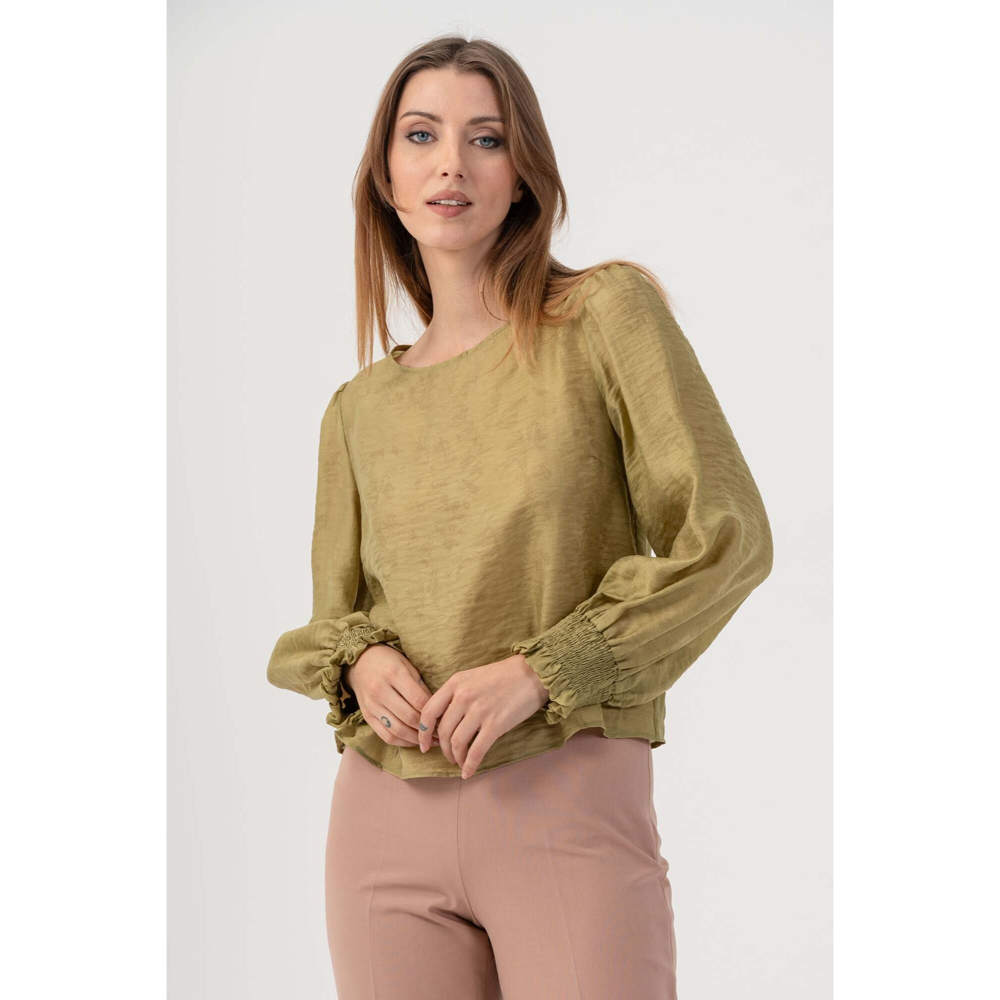 Kocca - Blusa con polsini smock Donna, Tinta unita, Girocollo