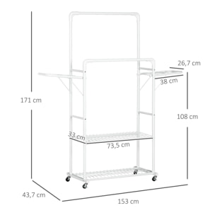 Tendedero de Ropa con Ruedas Tendedero Vertical de Acero con 2 Alas Plegables 2 Rieles Colgantes y 2 Estantes de Almacenamiento 153x43,7x171 cm Blanco