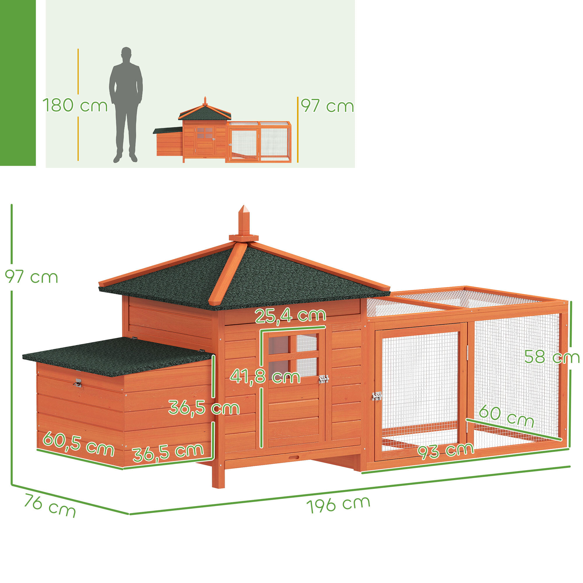 Gallinero de Madera Exterior, Jaula para Gallinas con Nidos, Corral, Bandeja Extraíble, Tapa Abatible, 196x76x97 cm, Naranja