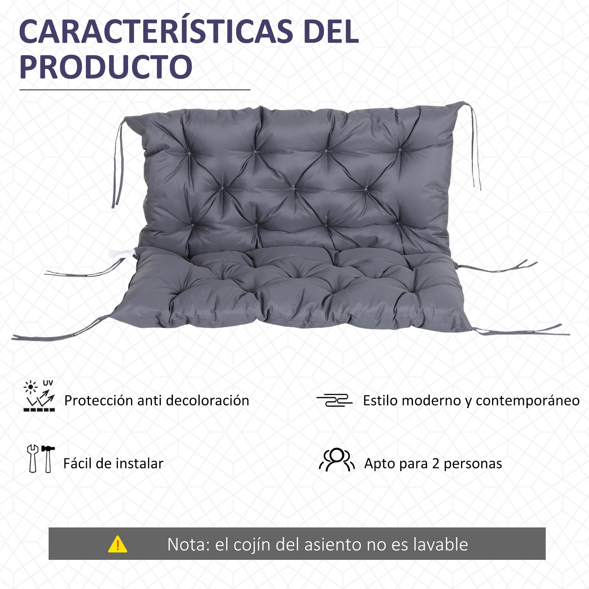 Cojín para Banco de 2 Plazas con Respaldo 100x98x8 cm para Jardín Terraza Gris