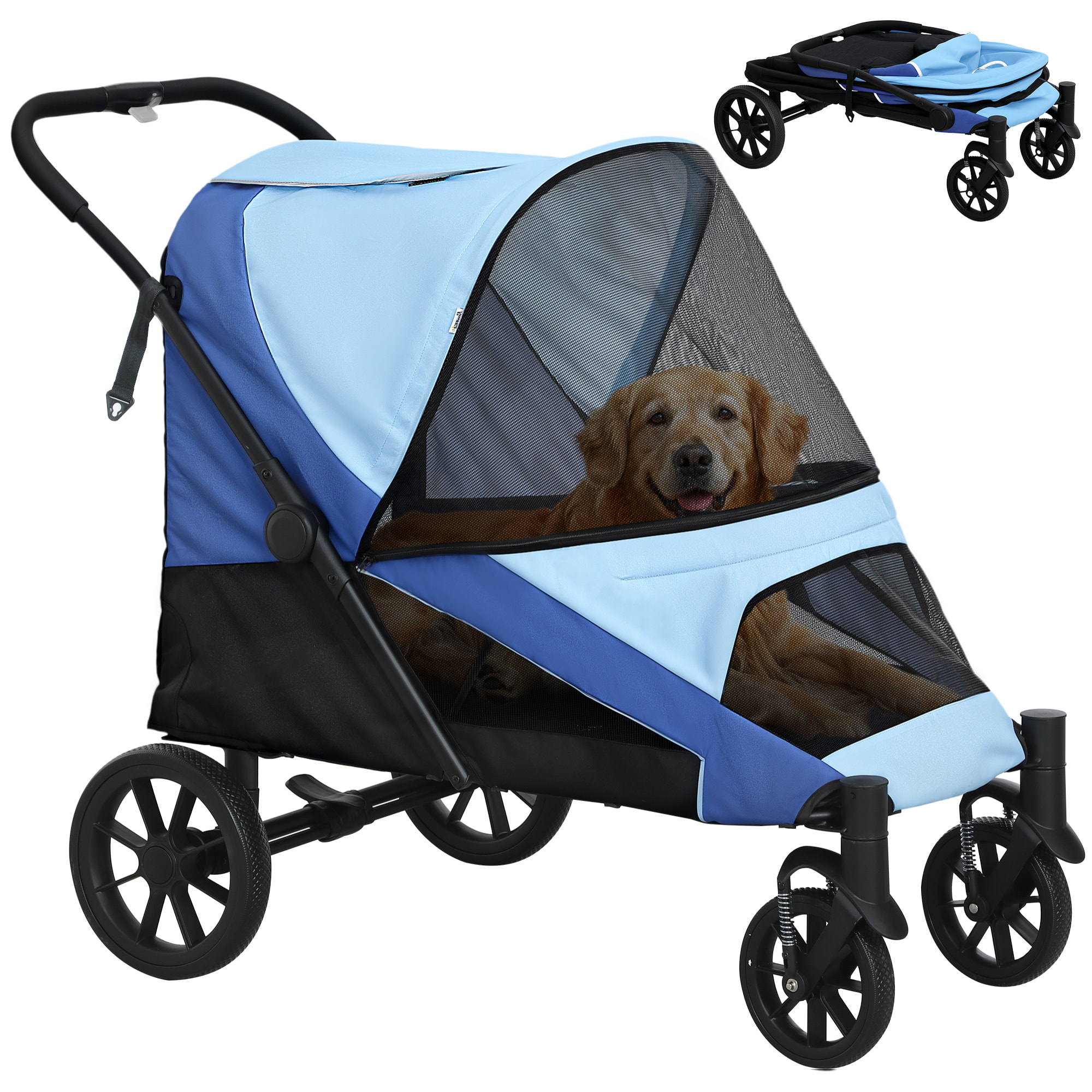 Carrito para Perros Plegable Cochecito para Perros Grandes hasta 30 kg con Ruedas Grandes Correas de Seguridad Marco Amortiguador Cojín Lavable 124x67x100 cm Azul