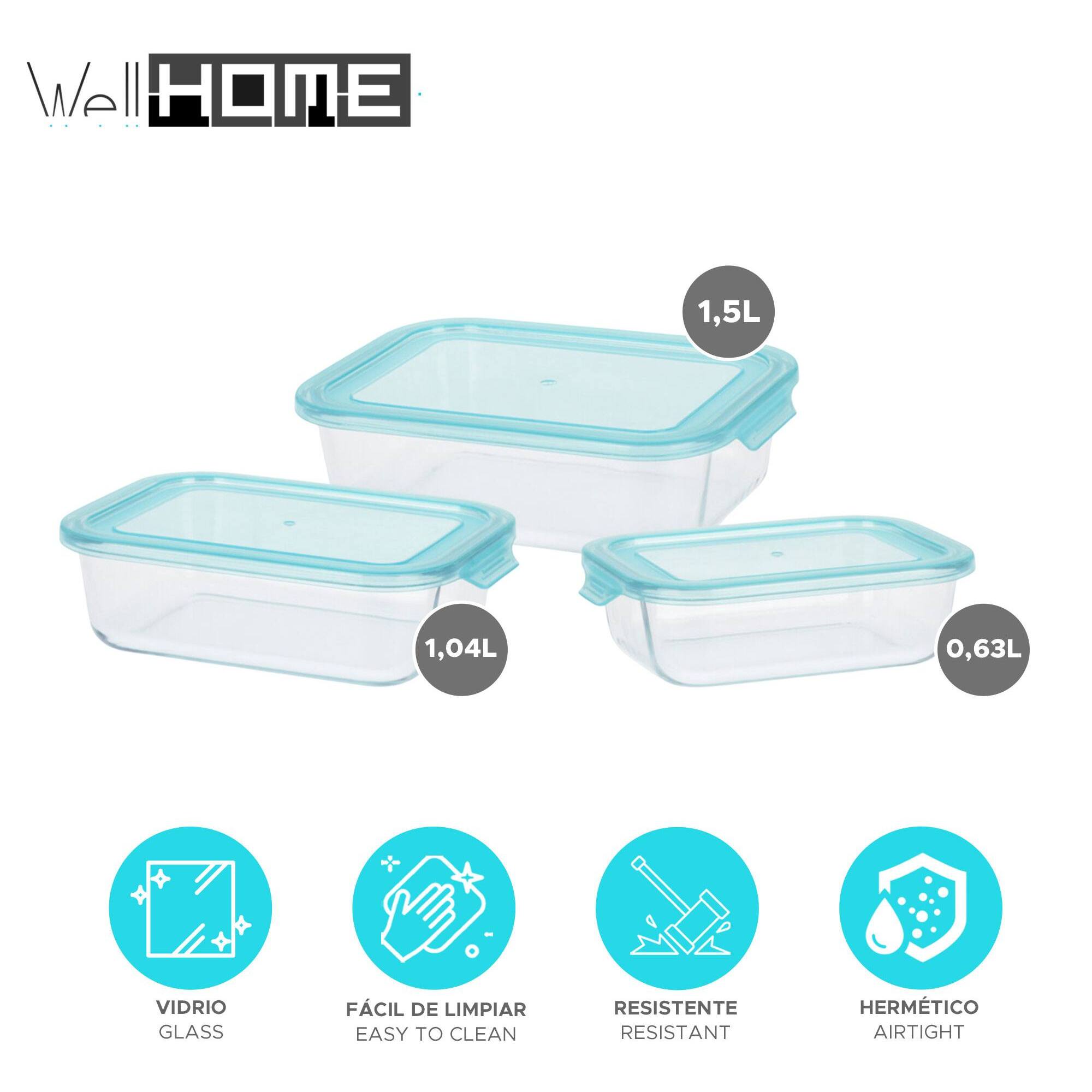 Juego de 3 recipientes de almacenamiento de vidrio de borosilicato 0,63l, 1l, 1,5l con tapa de pp