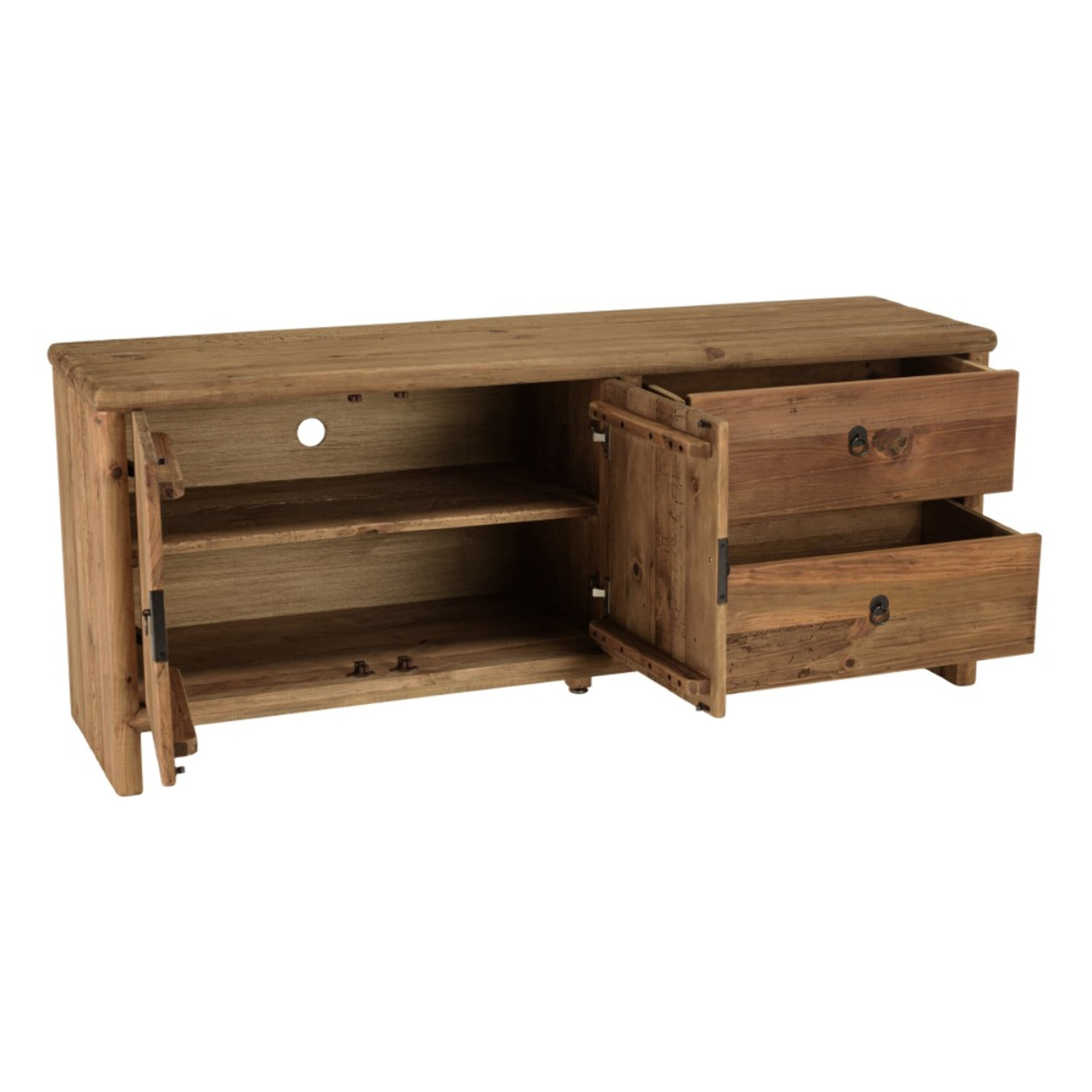 SANDY - Meuble TV 2 tiroirs 2 portes, longueur 155cm bois pin recyclé