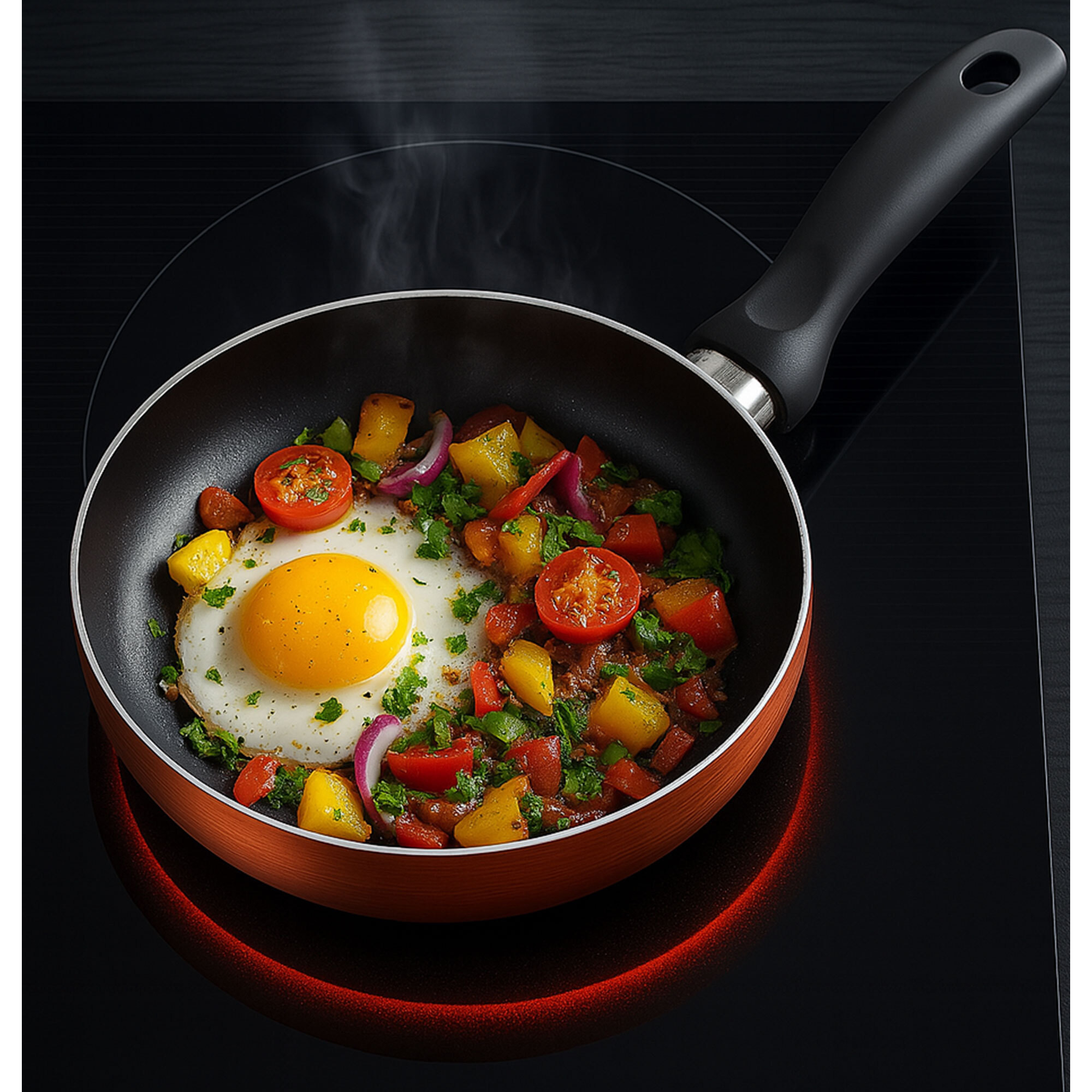 set de batería de cocina de 8pc en acero inoxidable + 3 sartenes ø16ø20ø24cm cobre metalizado en aluminio prensado