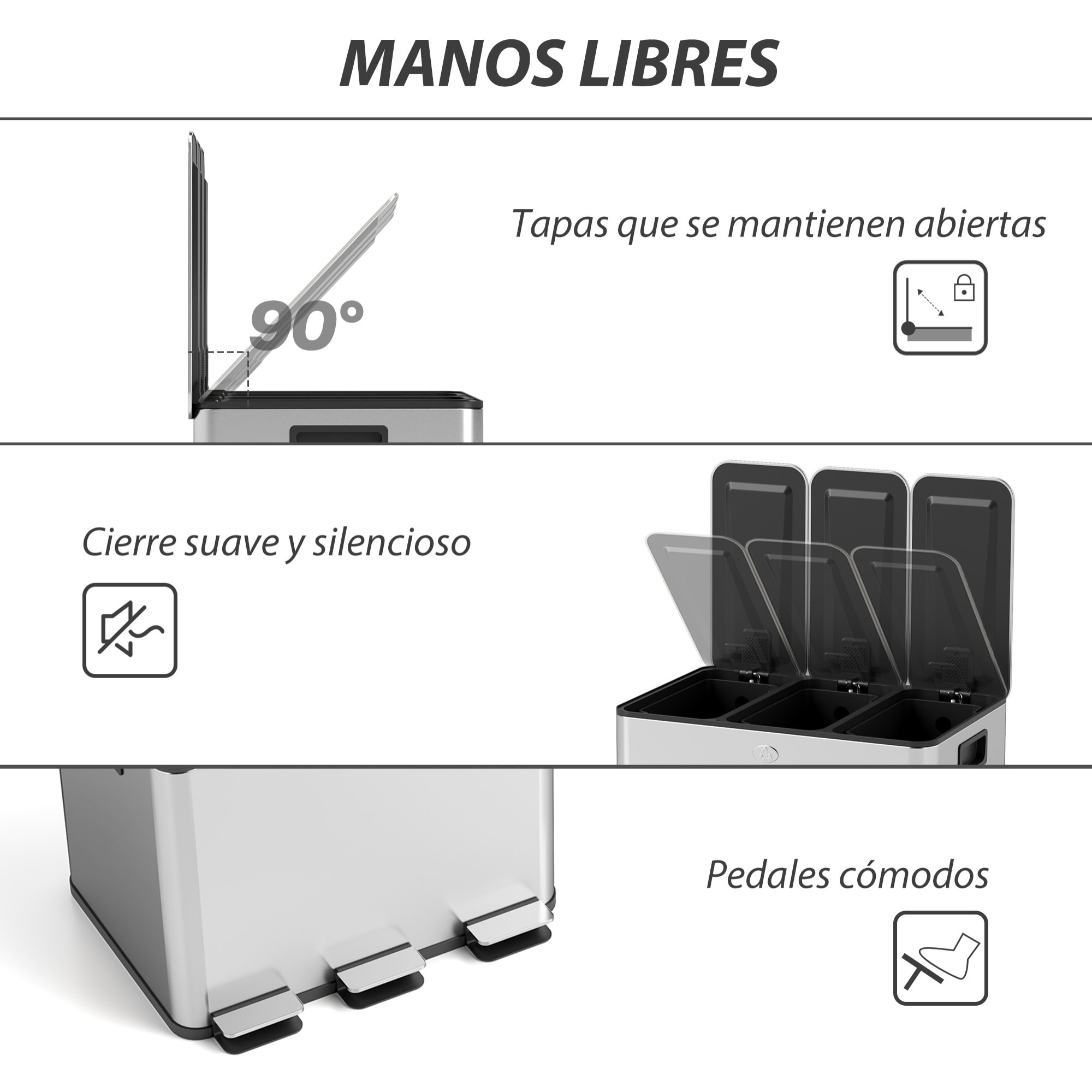 Cubo de Basura de Cocina con 3 Compartimentos 3x10L Papelera de Cocina de Acero Inoxidable con Pedales Tapas de Cierre Suave y Cubo Extraíble para Reciclaje Residuos Restos de Comida Plata