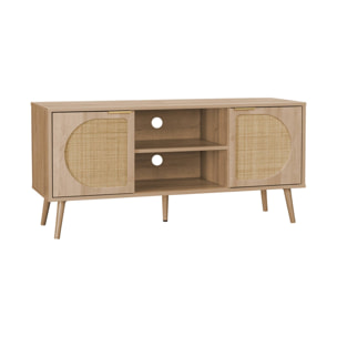 Meuble TV. Eva. décor bois et cannage arrondi 2 portes. 1 étagère L120 x l39 x H56.5cm