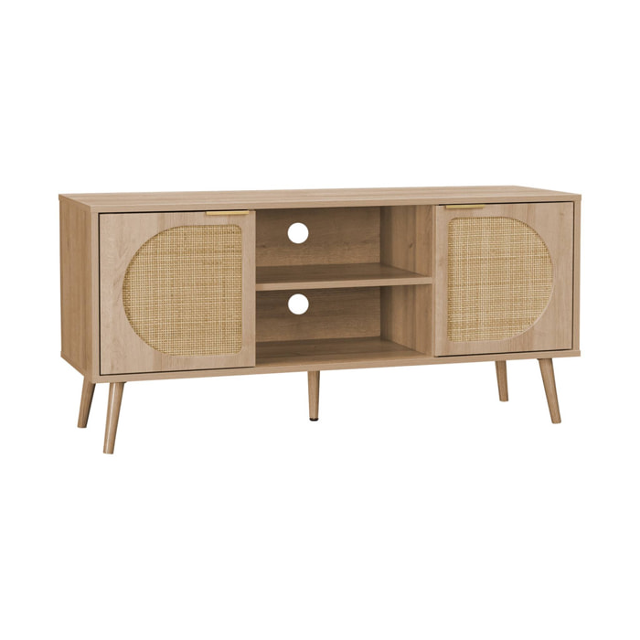 Meuble TV. Eva. décor bois et cannage arrondi 2 portes. 1 étagère L120 x l39 x H56.5cm