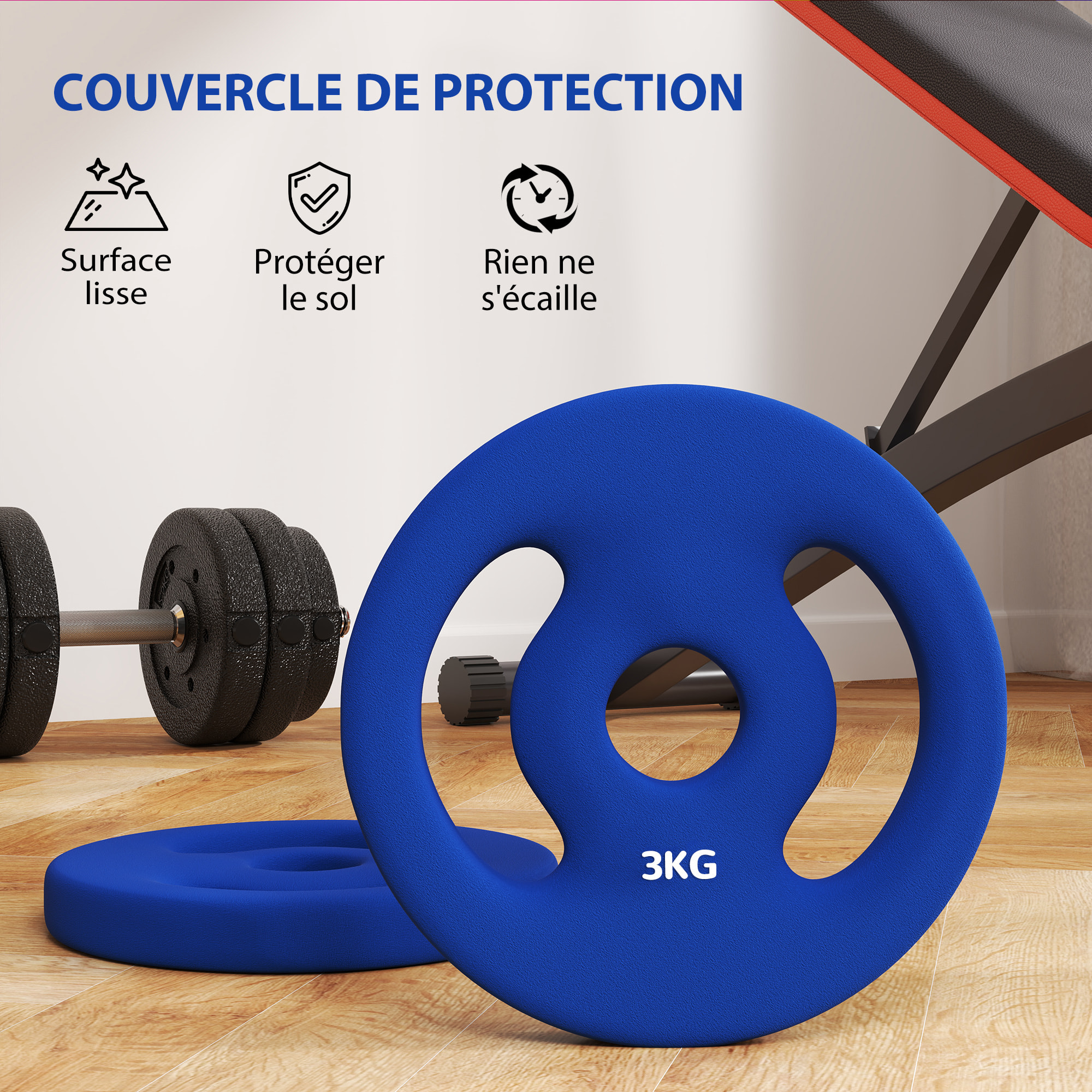 Disques de musculation - lot de 2 disques - total 6 Kg - diamètre intérieur 25 mm - métal PVC bleu