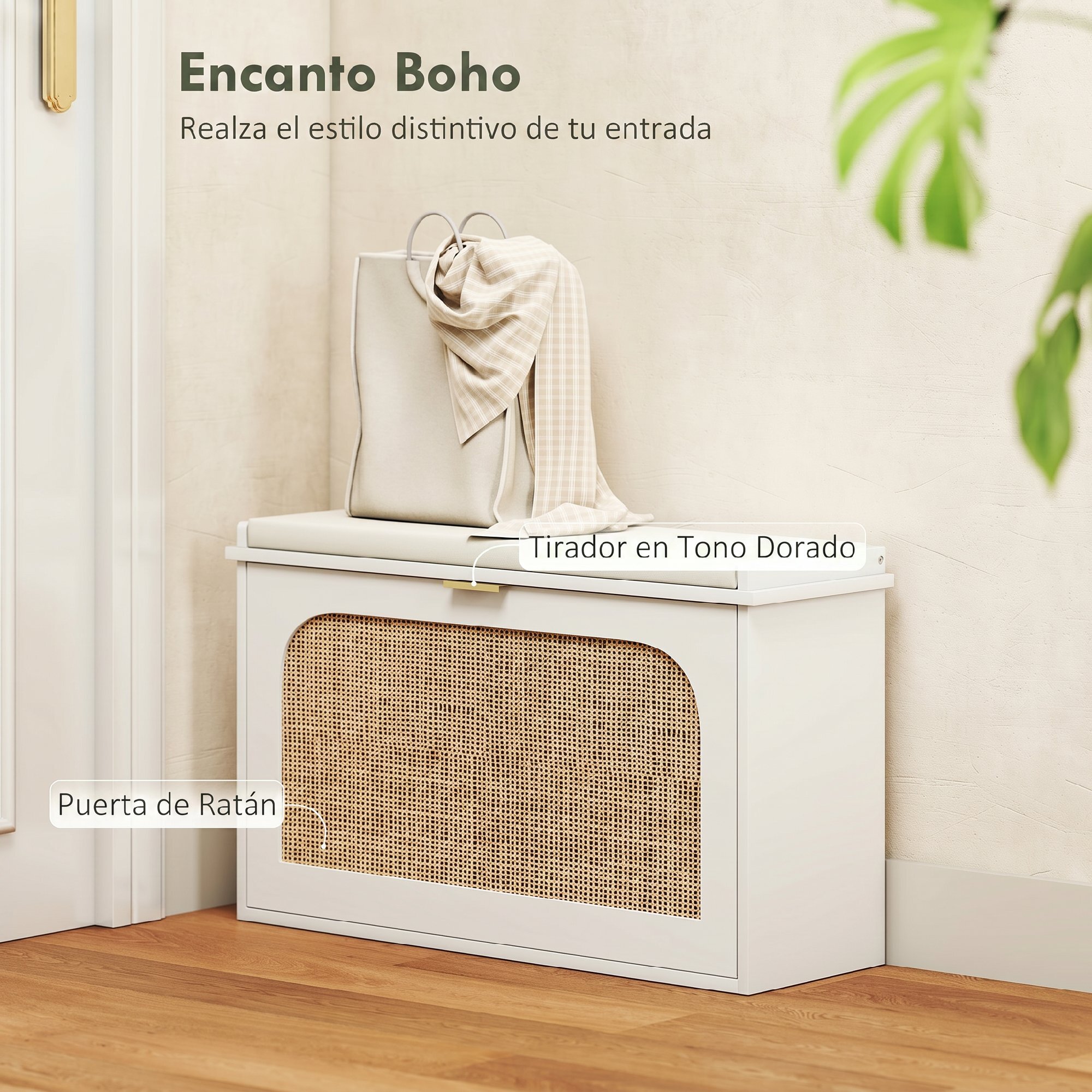 Banco Zapatero Boho, Banco Recibidor Estrecho con Asiento Acolchado, Puerta de Ratán, Cajón Abatible, Estante Ajustable, para 8 Pares de Zapatos, para Entrada, Dormitorio, 80x26x47,5 cm, Blanco