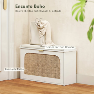 Banco Zapatero Boho, Banco Recibidor Estrecho con Asiento Acolchado, Puerta de Ratán, Cajón Abatible, Estante Ajustable, para 8 Pares de Zapatos, para Entrada, Dormitorio, 80x26x47,5 cm, Blanco