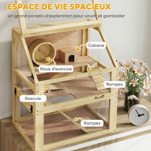 Cage rongeur hamster en bois dim.60x40x75cm 3 niveaux rampes roue bascule cabane naturel